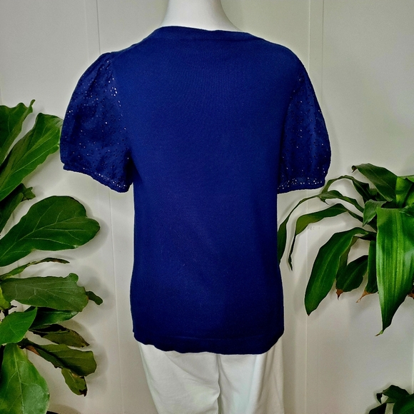 J Crew Factory Eyelet Sleeve Sweater, Navy, Size S - Picture 3 of 6